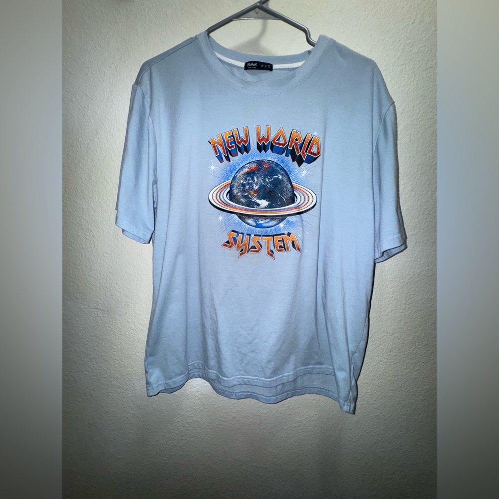 Graphic “New World System” Tee - Light Blue, Size Medium
